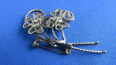 Broche Ancienne En Argent Massif - Motif Rose Et Strass, Bijou Vintage Occasion