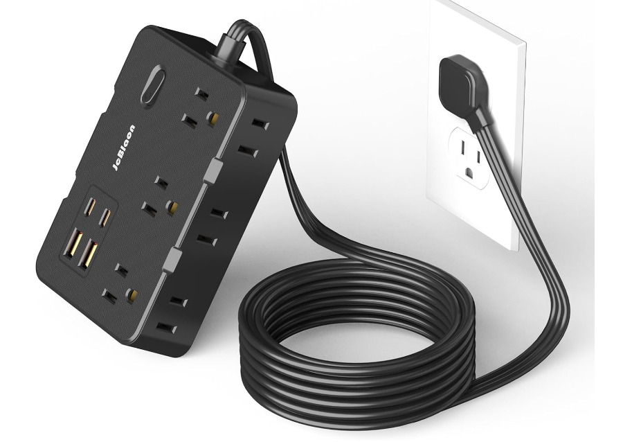 Flat Plug Power Strip, 5ft Cord, 6 Outlets & 4 USB Ports - Travel & Office Use