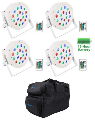 (4) Rockville BATTERY PAR 50 White Rechargeable LED DMX DJ Wash Up-Lights+Bag