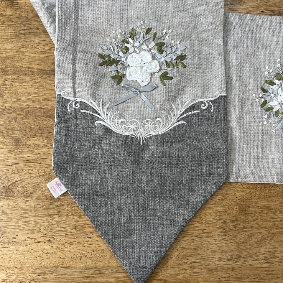Decorative Artistic Burlap Embroidered 12.5”x68””Table Runner Gray - Image 4 of 4