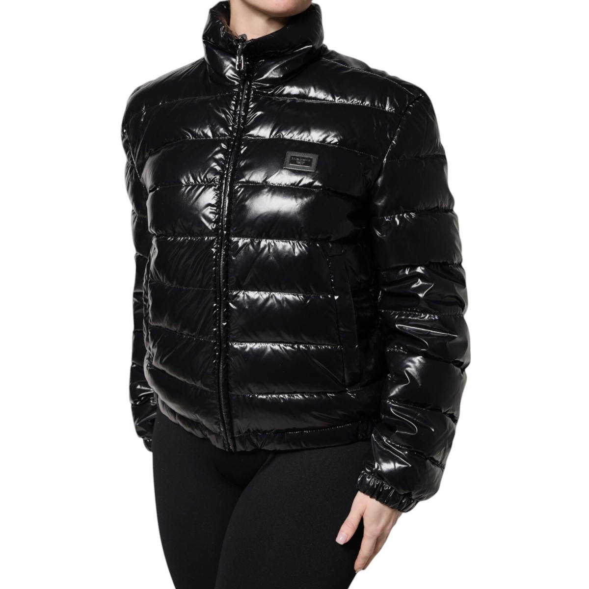 DOLCE & GABBANA Jacket Black Logo Plaque Full Zip Puffer IT44/US10