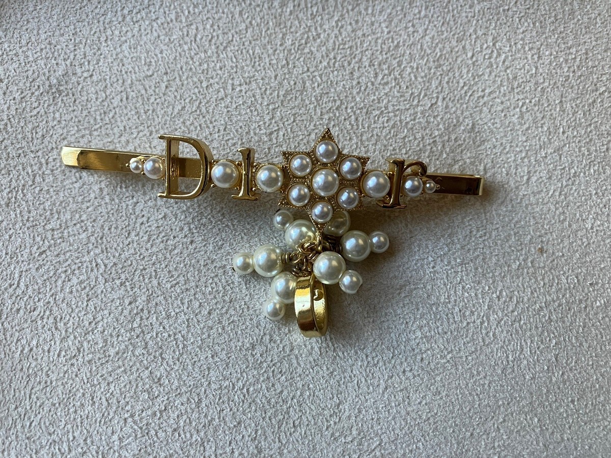 New Authentic Christian Dior Logo Gold & Pearl Bobby Pin 
