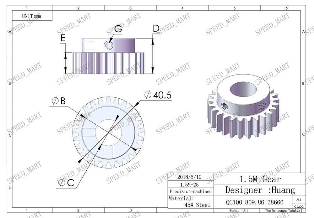 1.5M25T 7mm Bore Hole 25 Teeth Module 1.5 Motor Metal Gear Wheel