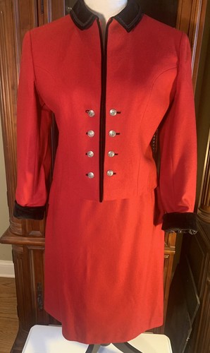 Vintage Christmas Tyrol Loden Pischl Womens Red Wool Suit Black Velvet Collar 40