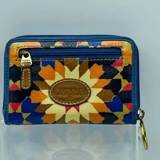 Fossil Starburst Zip Up Wristlet Wallet Covered Canvas Blue Orange Geometric
