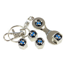 X5 BEEMA TYRE VALVE DUST CAPS SPANNER CHROME METAL ANTI-THEFT KEYRING SET