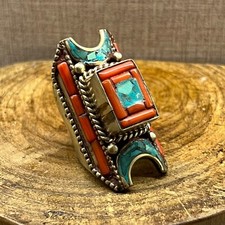 Lovely Turquoise Coral Stone Unique Vintage Tibetan vintage silver Ring