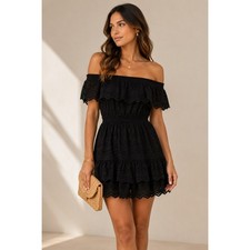 Love Shack Fancy Black Lace Off Shoulder Mini Dress Womens XS Whimsigoth Boho