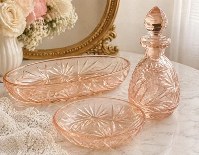 Vintage Blush Pink Cut Glass Vanity Set