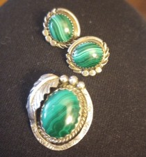 Vintage Malachite Pendent/Pin Stud Earrings Set 925 Sterling Silver