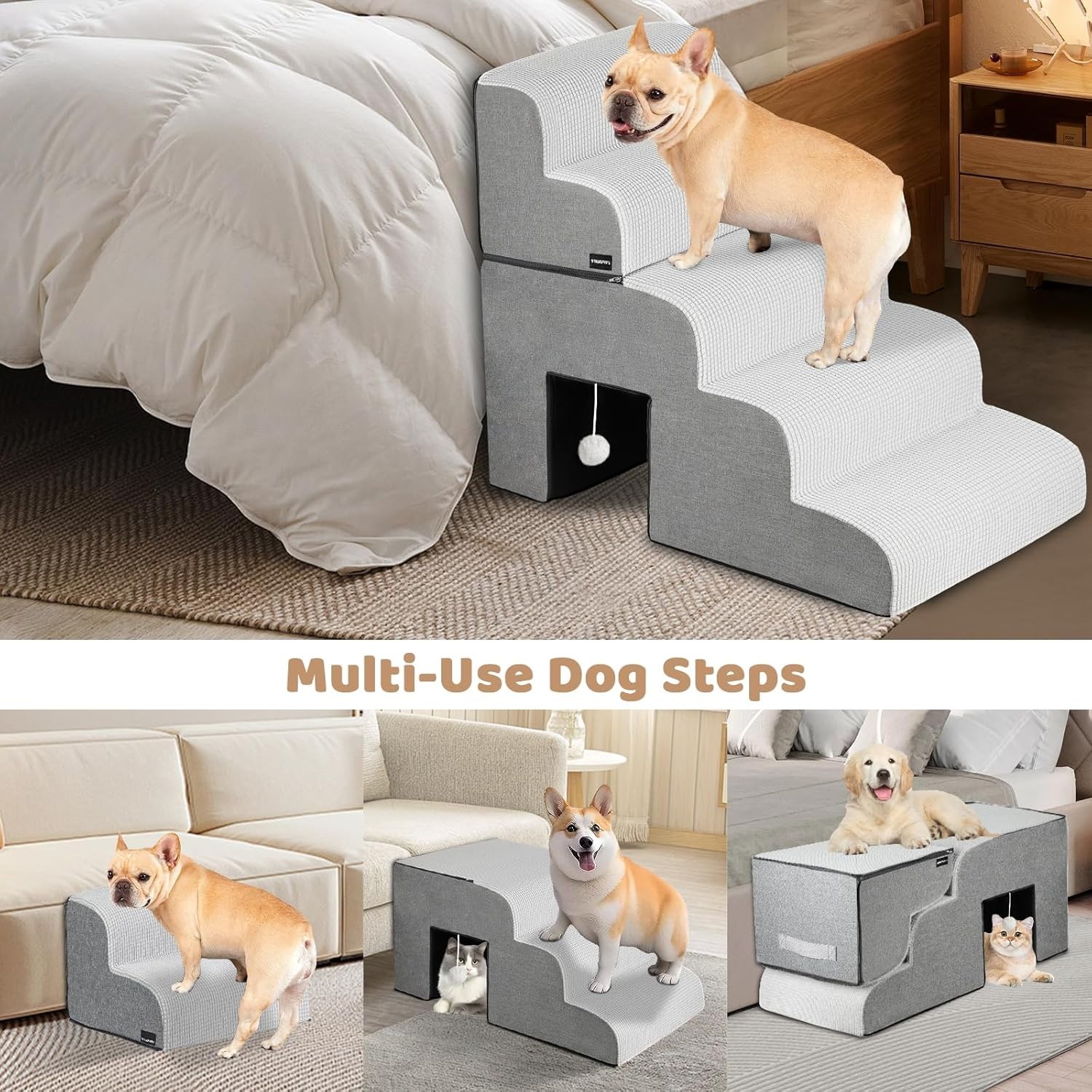 Dog Stairs for Small Dogs, 5-Step Detachable Dog Ramp for High Bed or Couch, 28"