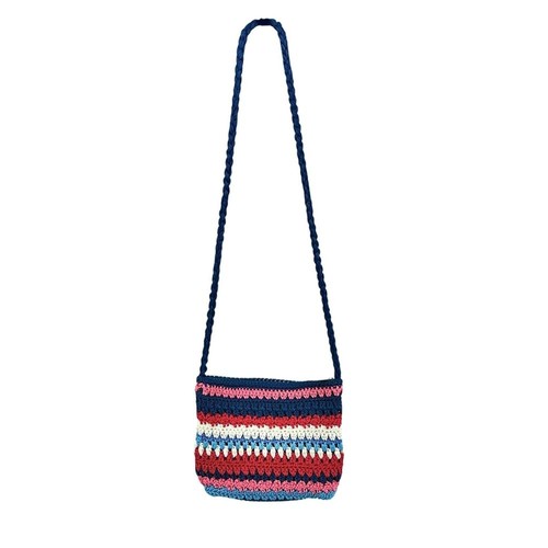 Croft & Barrow Y2K Crochet Crossbody Bag Boho Zip Pockets Red Blue Tassel Pull - Bild 2 von 16