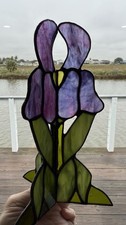 Vintage 3 Sided Standing Stained Glass Purple And Green Iris Suncatcher 9  