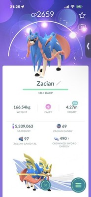 Pokemon Go Legendary Zacian ( XXL ) ( Normal )