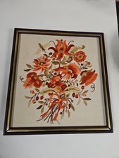 VTG 60s Framed Floral Bouquet Needlepoint Multicolor Orange Embroidery On Canvas