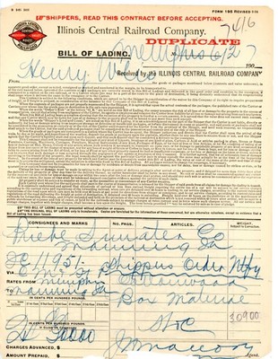 1900s Illinois Central Railroad Bill of Lading with Route Map Americus, Georgia