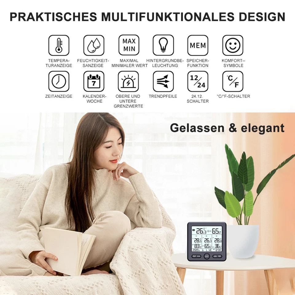 FUNK Wetterstation Thermometer mit Außensensor Hygrometer Wecker Uhr Farbdisplay - Bild 3 von 4