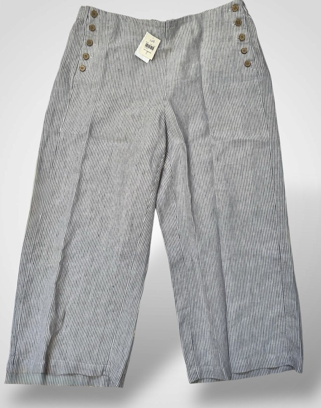 NWT J.Jill 100% Linen Size L Blue White Striped Sailor Wide Leg Cropped Pants