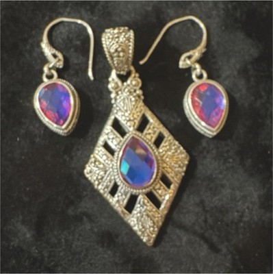 Sarda 925 Sterling Silver Jewelry Set Pink/Purple Pendant & Earrings