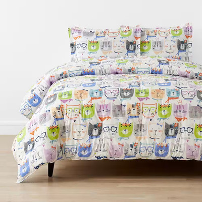 Company Kids Stylish Cats White Multi Organic Cotton Percale Full/Queen Comforte