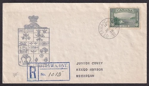 Canada #244 1938 Vancouver Harbour 50c green on registered First Day cover FDC