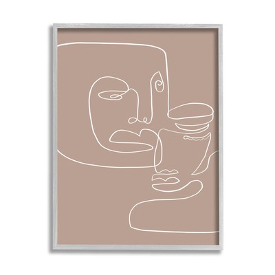 Faces Single Line Drawing Brown Beige Abstract Grey Framed Wall Art, 11 x 14,...