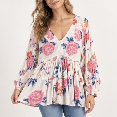 Boho Floral Babydoll Blouse Womens M Long Sleeve Peasant Cottagecore Angie