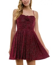 City Studio Metallic Velvet Sleeveless Fit & Flare Dress Juniors 3/4 Wine Zip Up