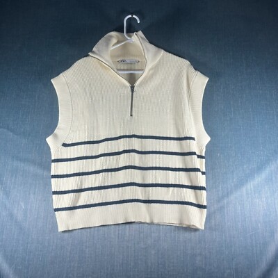 Zara Women Sweater Vest Ivory Striped Quarter Knit Pullover Size L