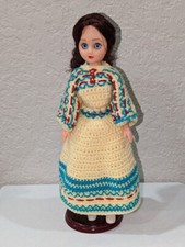Homemade Doll Crocheted in Yellow Blue 14" Tall Dolls Eyes Open / Close