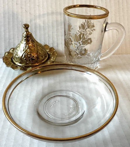 Turkish Brass Delight Holder Wedding By Favor, 3” Espresso Mug & Glass Saucer - Picture 2 of 17