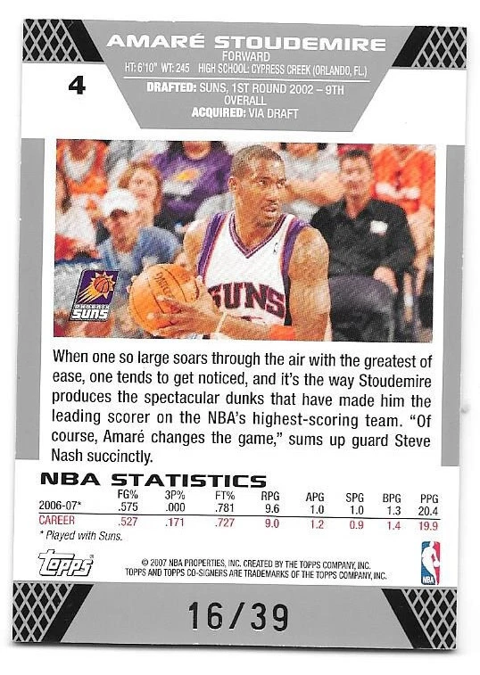 2007-08 Topps Co-Signers Silver Red Foil #4 Amare Stoudemire Steve Nash /39 - Image 2 of 2