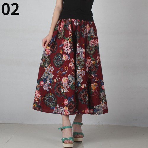 Women Cotton Linen Maxi Skirt Boho Beach Dress Floral Pleated Distressed Retro - Picture 6 of 21