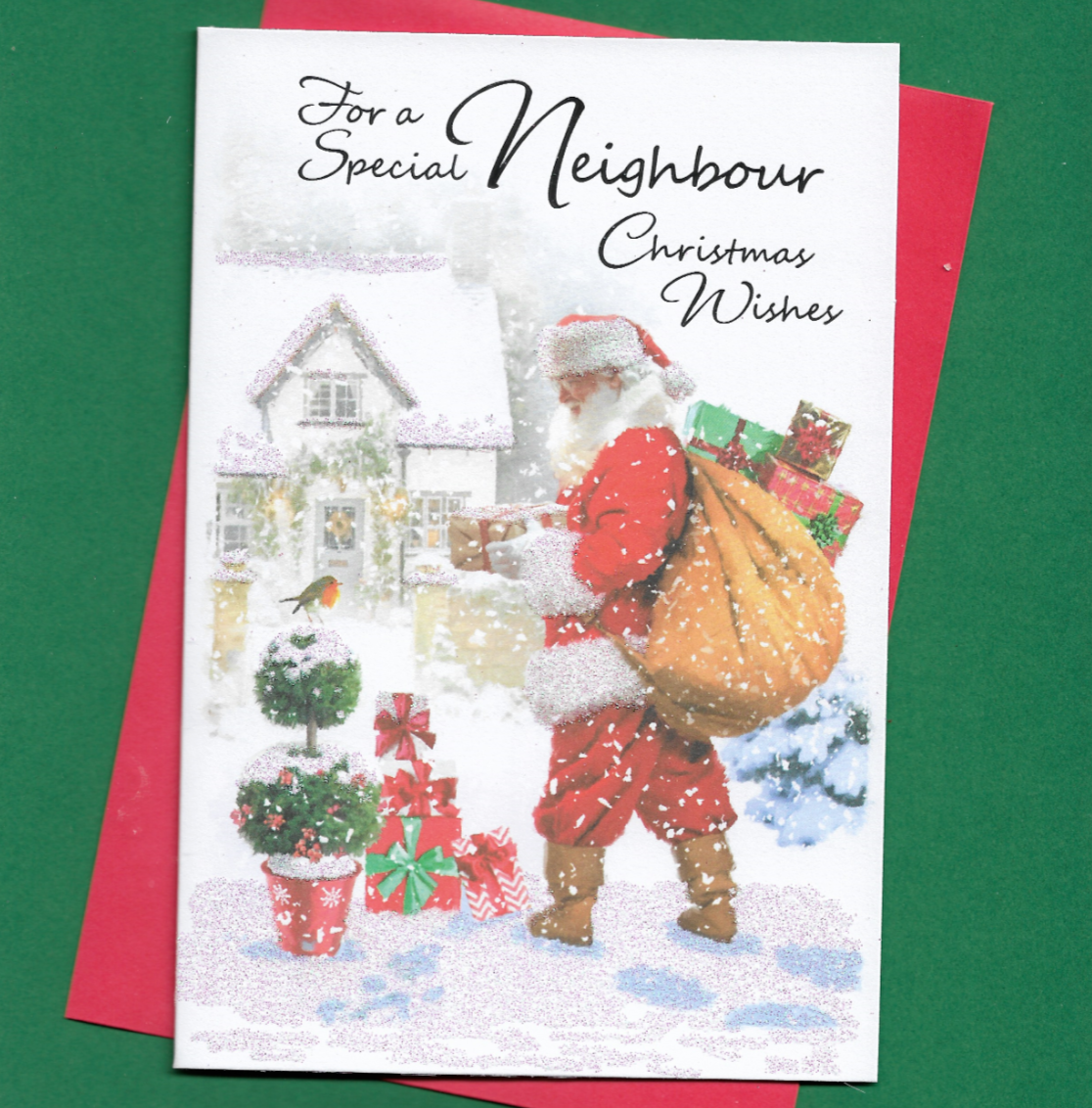 Special Neighbour Christmas Card Father Xmas Wishes Snow Scene Robin 19x13cm