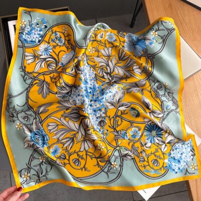 100% Mulberry Silk 27'' Square Scarf Women Neckerchief Wrap Vintage Yellow Flower
