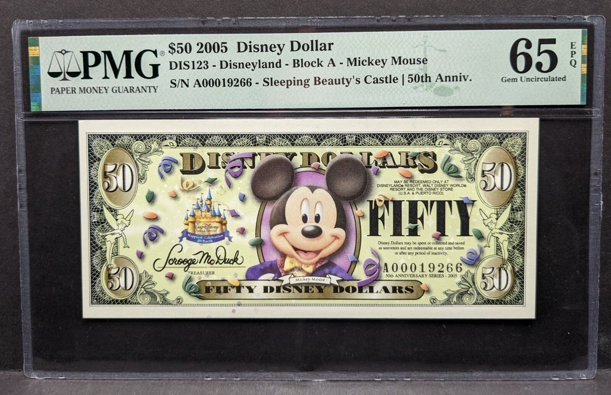 2005 Disney Dollar Mickey Mouse $50 Serial# A00019266 50th Anniv