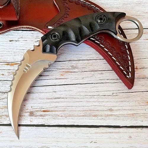Coltello Karambit Lama Full Tang Acciaio D2 Lama Fissa, Fodero in Pelle, 58HRC - Foto 1 di 7