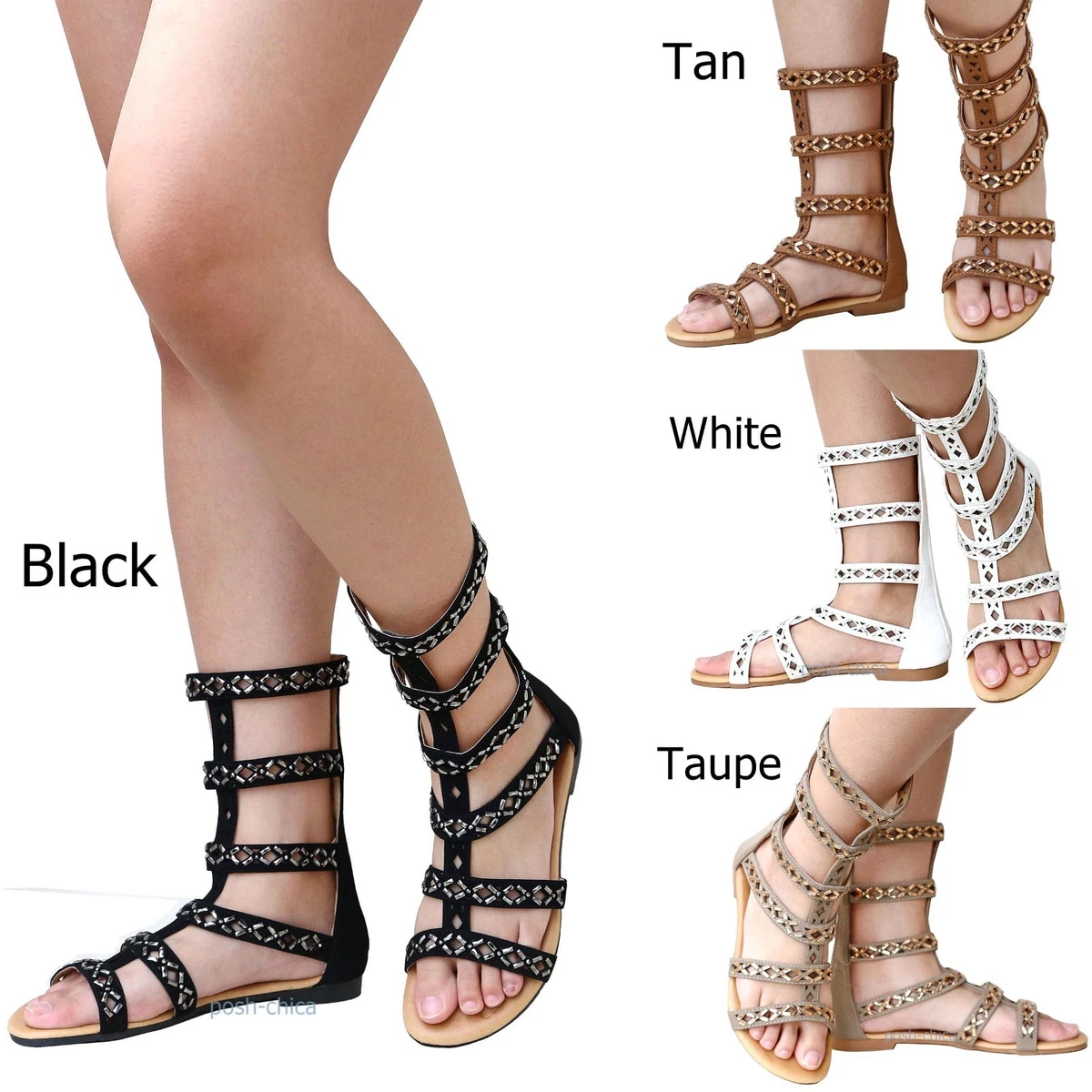 New Women FR17 Rhinestone Strappy Mid Calf Roman Gladiator Flat Sandals