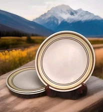 3 Taylor Ironstone Italiano USA 10 3/8" Dinner Plate Brown Yellow Bands