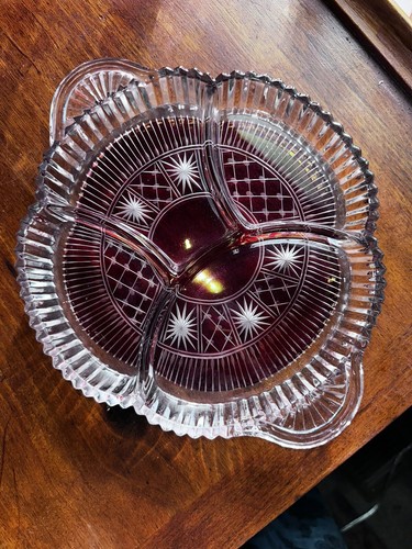 Antique Paden City “glades” Ruby Stain Crystal Starbursts Divided Tray 1930s - Picture 3 of 9