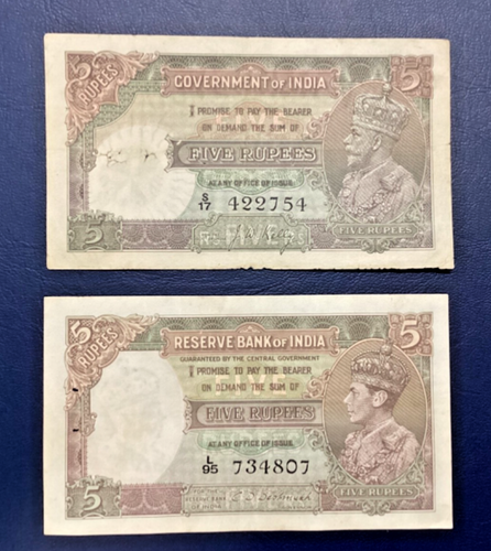 Indian 5 Rupees Banknote Set George V & V1 CD Deshmukh & JW Kelly,India