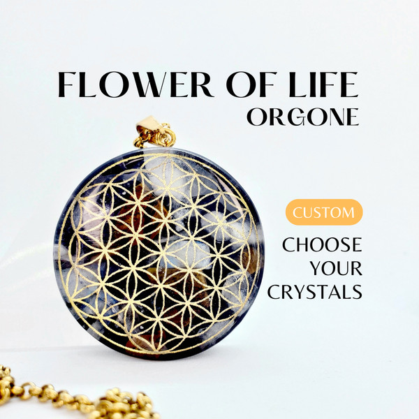 Alternate view of Flower Life Custom Orgone Necklace. Amulet For Meditation, Chakra Balance Emf