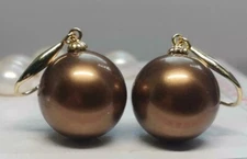 HUGE AAA 16mm natural south sea Chocolate shell pearl earrings 14K Yellow Gold
