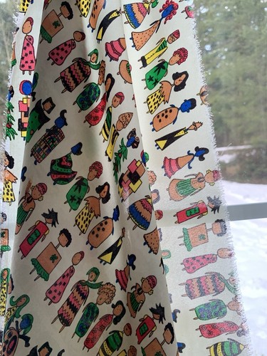 Vintage Chiffon Fabric Semi Sheer Little People Character Drawing Doodle Yard - Picture 11 of 13