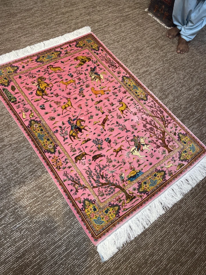Alfombra de seda 3 X 5 pies diseño de caza de alta calidad alfombra ROSA ÚNICA 91 x 152 Foto 2 de 3