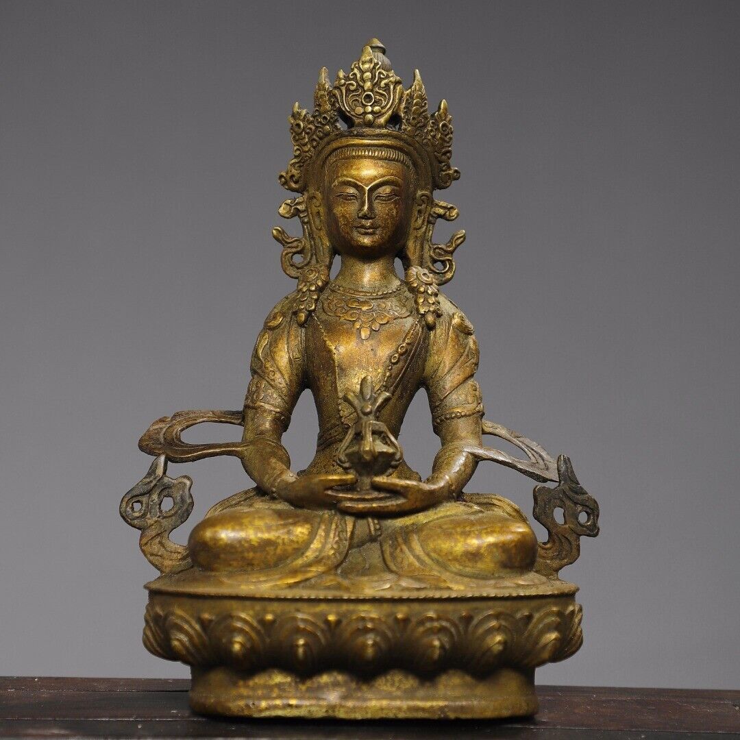 8.3 Antique Tibetan Gilt Bronze Amitabha Longevity Buddha Statue