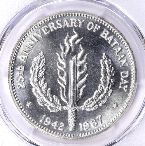 1967 Philippines Bataan Day One Peso PCGS MS67 Top Pop 5/0 White Shiny Semi-PL - Picture 2 of 5