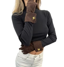 CHANEL Vintage Logo Turnlock CC Gloves #7 Brown Gold Suede
