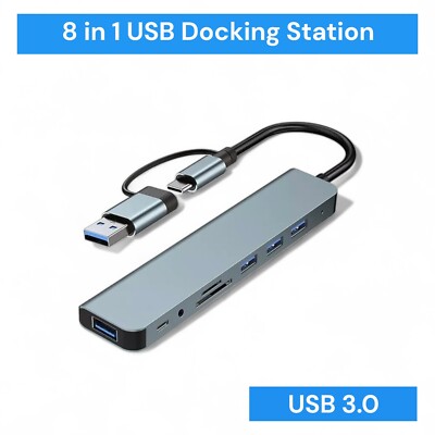 USB-C Hub 8 in 1 Silber Multiport Adapter USB 3.0 Docking Station Notebook