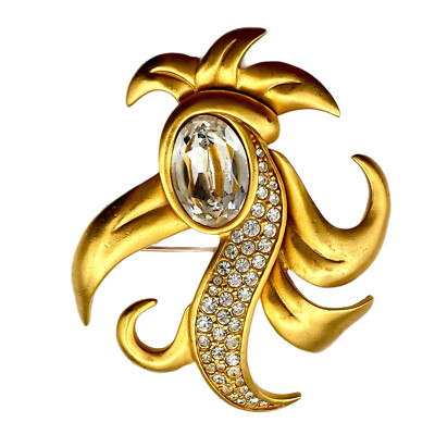 Vintage Signed Swarovski Swan Crystals Abstract Crow Bird Gold Tone Brooch Pin